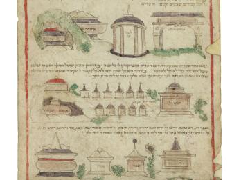 Manuscript with illustrations of tombs and Hebrew text.