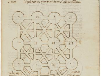 Manuscript page with Hebrew text and drawing of spheres and interconnected lines. 