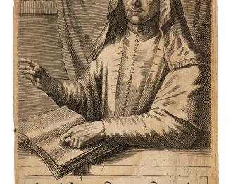 Print engraving of man in head covering pointing to open book with one hand and gesturing with the other, with Dutch and French text underneath.