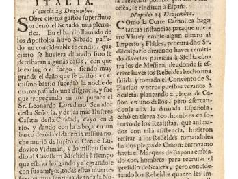 Newspaper page with two columns of text in Spanish and crest with lion on top. 