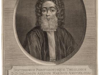 Print portrait of man with curly wig and beard in oval frame, and Latin and Hebrew text below. 