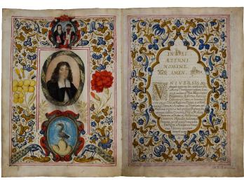 Facing-page manuscript with left-hand side of three framed images surrounded by flora and birds: the top image of two men holding a book and cup, the middle of man with curly hair and collar, and bottom of a bird; and right-hand side of Latin text surrounded by decorative flora. 