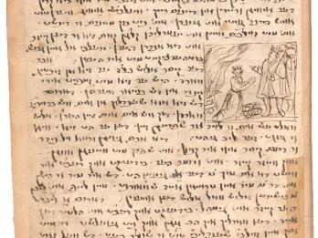 Manuscript page with Yiddish text and a small drawing in the middle of the right side depicting a queen kneeling before a king, a burning fire behind her, and two infants on the ground before her. 