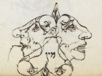 Manuscript page with line drawing of two faces in profile facing opposite directions with flowers on their heads and decorative motif throughout. 