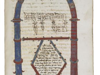 Manuscript page with Hebrew text in a diamond shape under an illustration of an archway, decorated with heads and flowers.