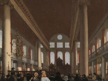Painting depicting interior with two-story columns, arched windows, and many people facing away from viewer. 