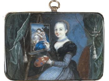 Painting of woman looking at viewer holding paintbrush and palette next to painting of mother and child.