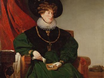 Portrait painting of seated woman wearing gold jewelry, large hat brimmed with feather, and holding a handkerchief and small portrait of two individuals in her lap.