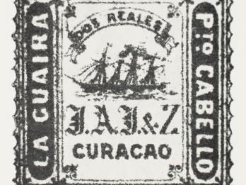 Postage stamp depicting ship and Portuguese lettering. 