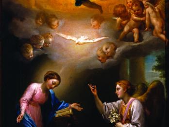 Painting of two figures in robes, with celestial scene featuring dove, cherubs, and a God-like figure above. 