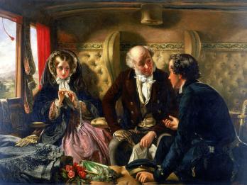 Painting of woman and two men in fancy train car. 