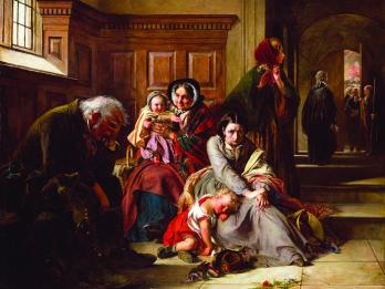 Painting of distraught men, women, and children waiting in a darkened area outside of courtroom.