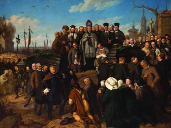 Painting of men carrying coffins of victims as men and women bow, with bishop and clergy looking on from hill.