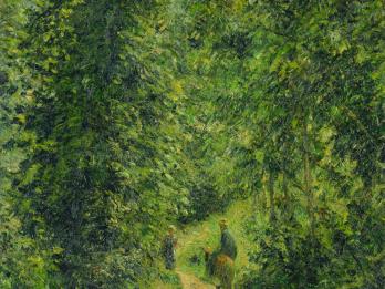 Painting depicting two people and animal walking through the woods away from viewer. 