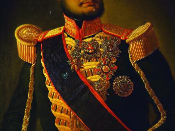 Portrait painting of soldier in decorated uniform.