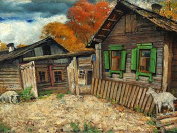 Painting of wood house with goat and pig in yard.