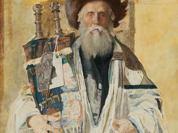 Oil painting of man in beard, furried hat, and prayer shawl looking forward and holding a Torah scroll.
