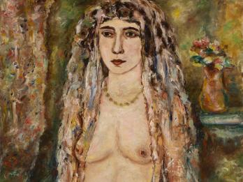Painting of standing nude woman with long veil.