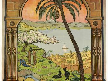 Poster of landscape with men and animals on a grassy hill overlooking a city, body of water, and mountains.