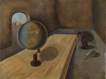 Painting of table displaying a large globe in foreground, as a man sits slumped in a chair with his head in hands in background.