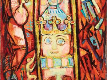 Abstract painting of crucifix featuring four faces aligned to the vertical line of the cross: the devil at the bottom, then a skull, two human faces, and Jesus at the top, an angel to the left and human figures and structures around the cross.