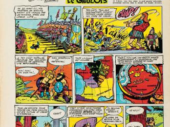Comic strip featuring a title and heading across the top in French, and eight panels of comics below. The comics portray warriors, a man against several opponents, two warriors, a stylized map of France, a map of enemy tents, a warrior on a chair interrupted by a boy, two warriors talking, and four warriors talking while hiding behind a tree. 