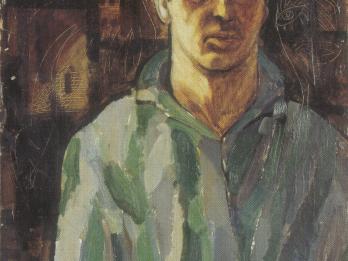 Portrait painting of a man standing in front of bars.