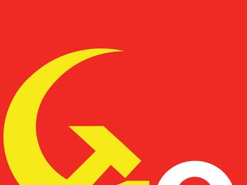Poster featuring the text "let my people" across the top and followed by "GO" on the bottom, comprised of a hammer and sickle as the"G" next to a large letter "O." 