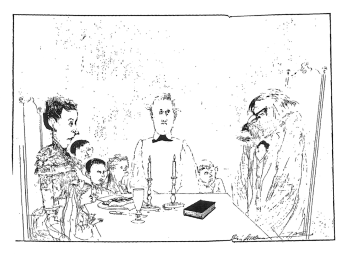Drawing of several people seated around a table, with the figure on the right in a bushy moustache and a grumpy expression. 