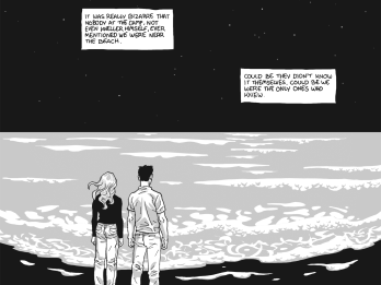 Comic in two horizontal panels, with a dark sky and stars with English text in the top panel, and two figures staring out over   a flat landscape on the bottom panel. 