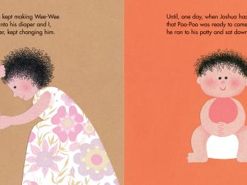 Open page spread with left hand page illustration of woman changing child's diaper with English text above about the mother changing her son's diaper, and right hand page illustration with child sitting on toilet and English text above about child running to sit on his potty. 