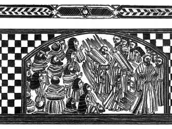 Drawing of crowd of people, with two figures holding Torah scrolls in the center, all surrounded by a checkered border. 