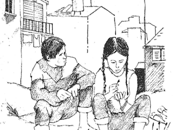 Drawing of two young people sitting with their feet in a body of water, with city street in background. 