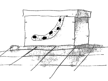 Drawing of box on floor with polka-dot tail hanging out. 