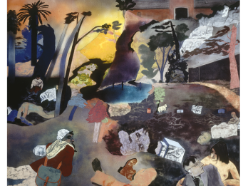 Painting with trees and shadowy figures in center, a nude woman next to a man with an earpiece on the bottom left, gatehouse on top left, and man holding a baby on the bottom right. 