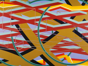 Painting featuring interlocking 3-D shapes. 