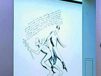 Installation view of large wall drawing depicting styized figure of man in uniform hitting another man wearing roller skates and holding a staff, and English text above the figures.