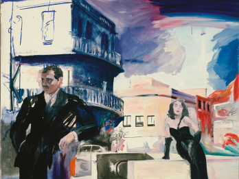 Painting depicting a man wearing suit and woman in evening gown in urban setting, with woman leaning against a low wall facing viewer and man standing in foreground with one arm resting on wall as he looks down the street away from the woman. 