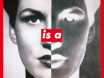 Silkscreen depicting face of a woman looking at viewer split in half into positive and negative exposures, with English text across the image reading, "Your body is a battleground."