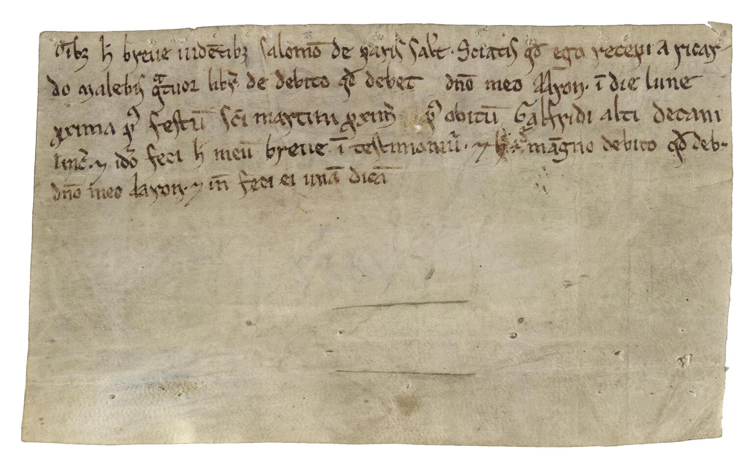 Parchment with five lines of Latin script toward the top and the rest blank.