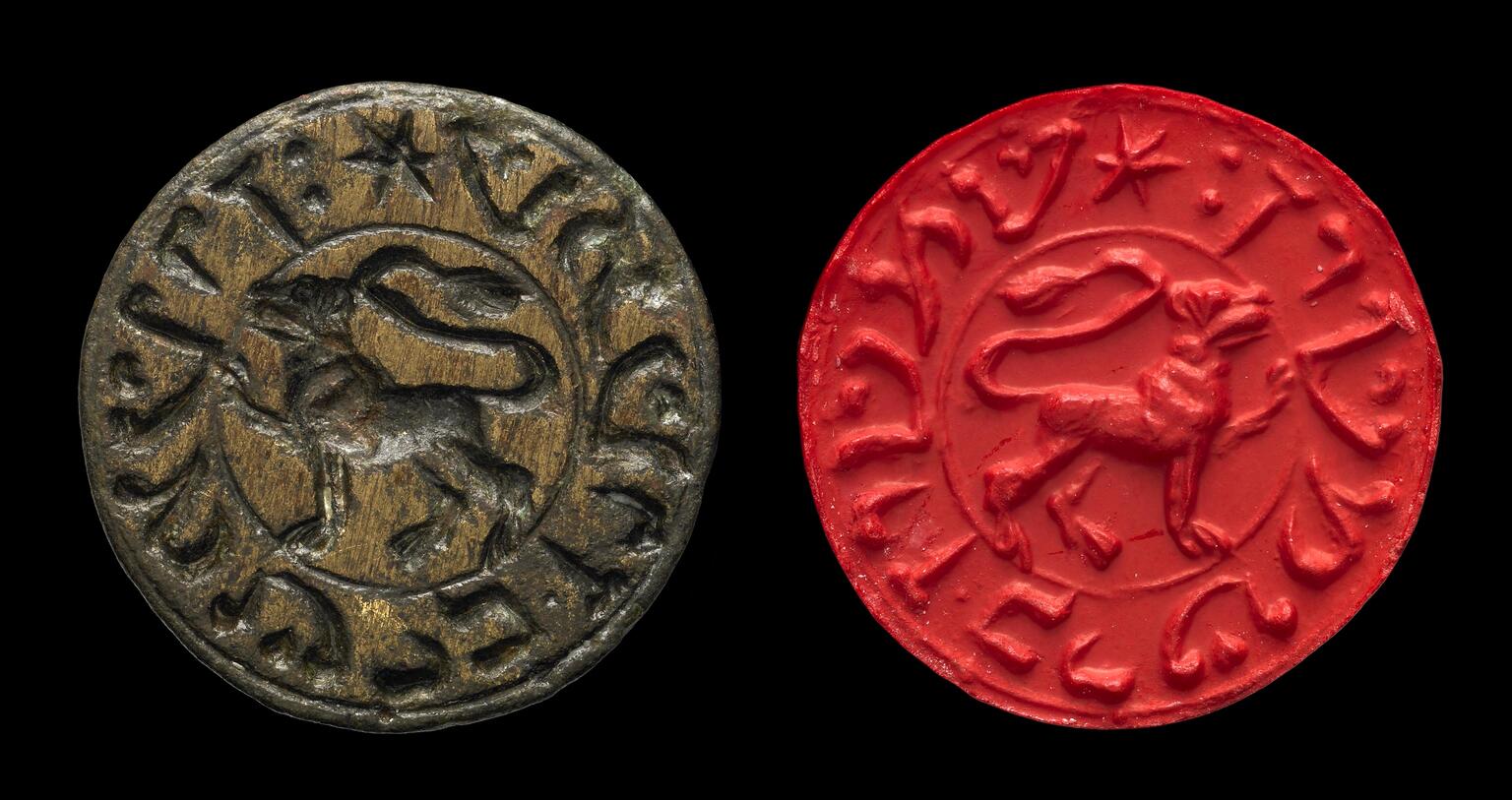 Round bronze seal with image of a lion encircled by reversed Hebrew script, next to a red wax seal impression of same.