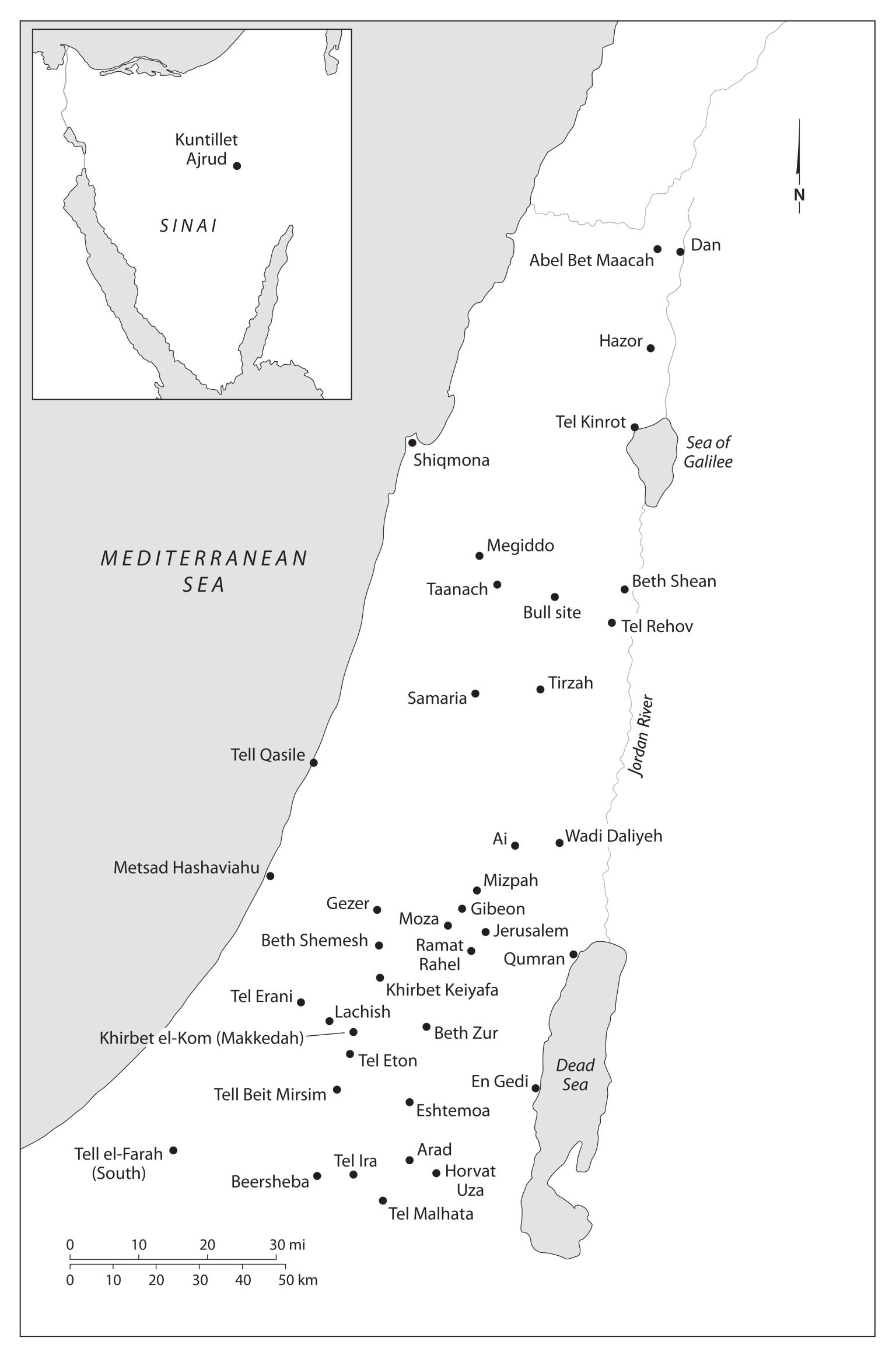 Map of Middle East with areas of interest marked with black dot and labeled in English; map of the Sinai peninsula with Kuntillet Ajrud denoted.  