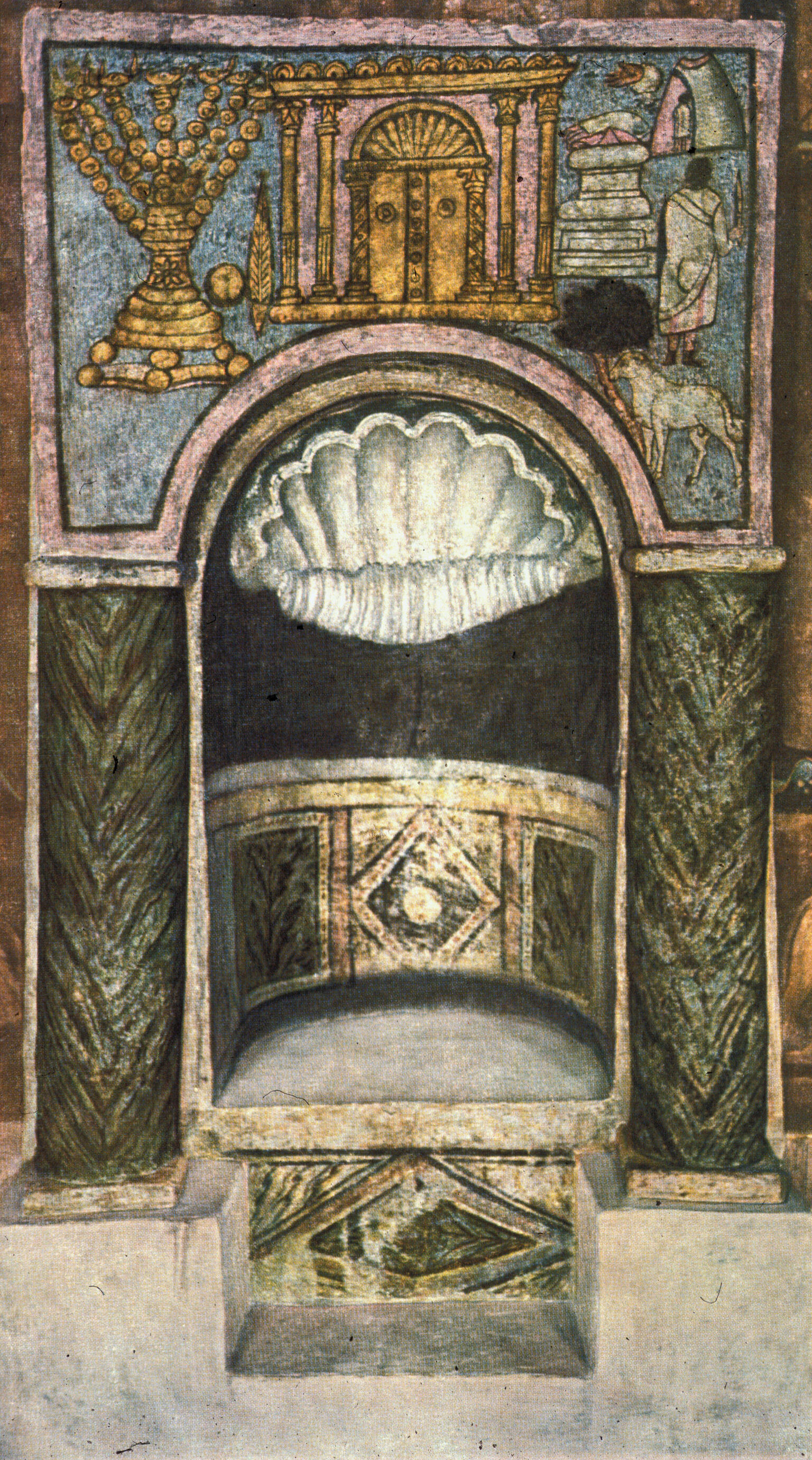 A fresco depicts a decorated arch with a scallop shell niche, flanked by ornate columns. Above, symbols include a menorah, a lulav and etrog, a structure with columns and doors, a figure with a knife, and a ram.