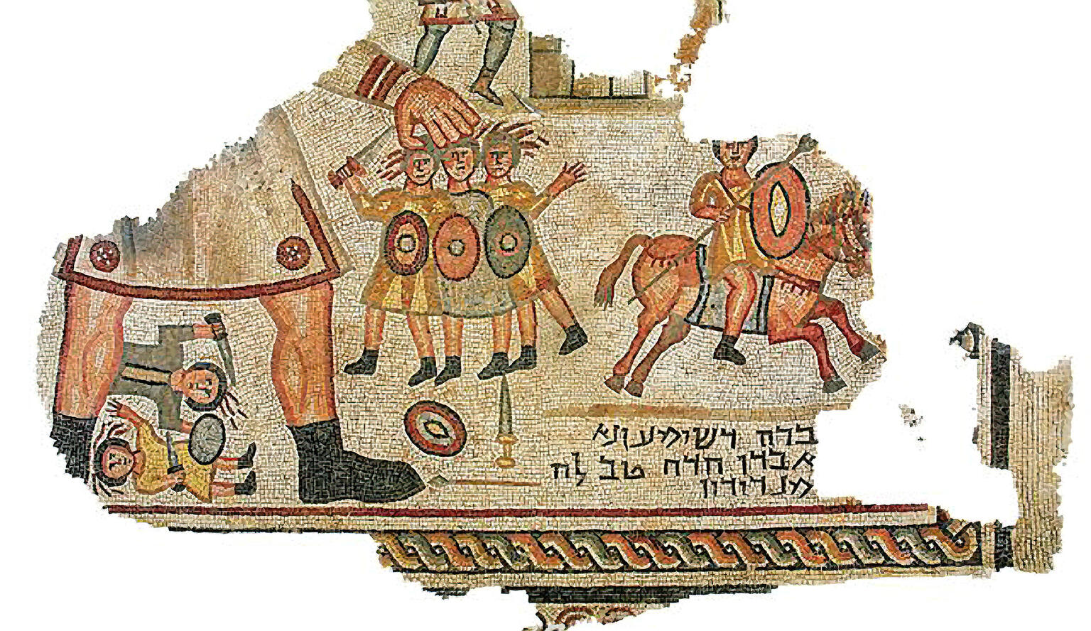 Ancient mosaic showing a large armored figure holding four small soldiers, with Aramaic text below, two fallen figures to the left, and a horse with a rider to the right. Some sections are missing or damaged.