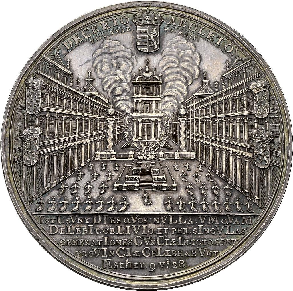 Medal embossed with scene of courtyard between columned buildings filled with people dancing.