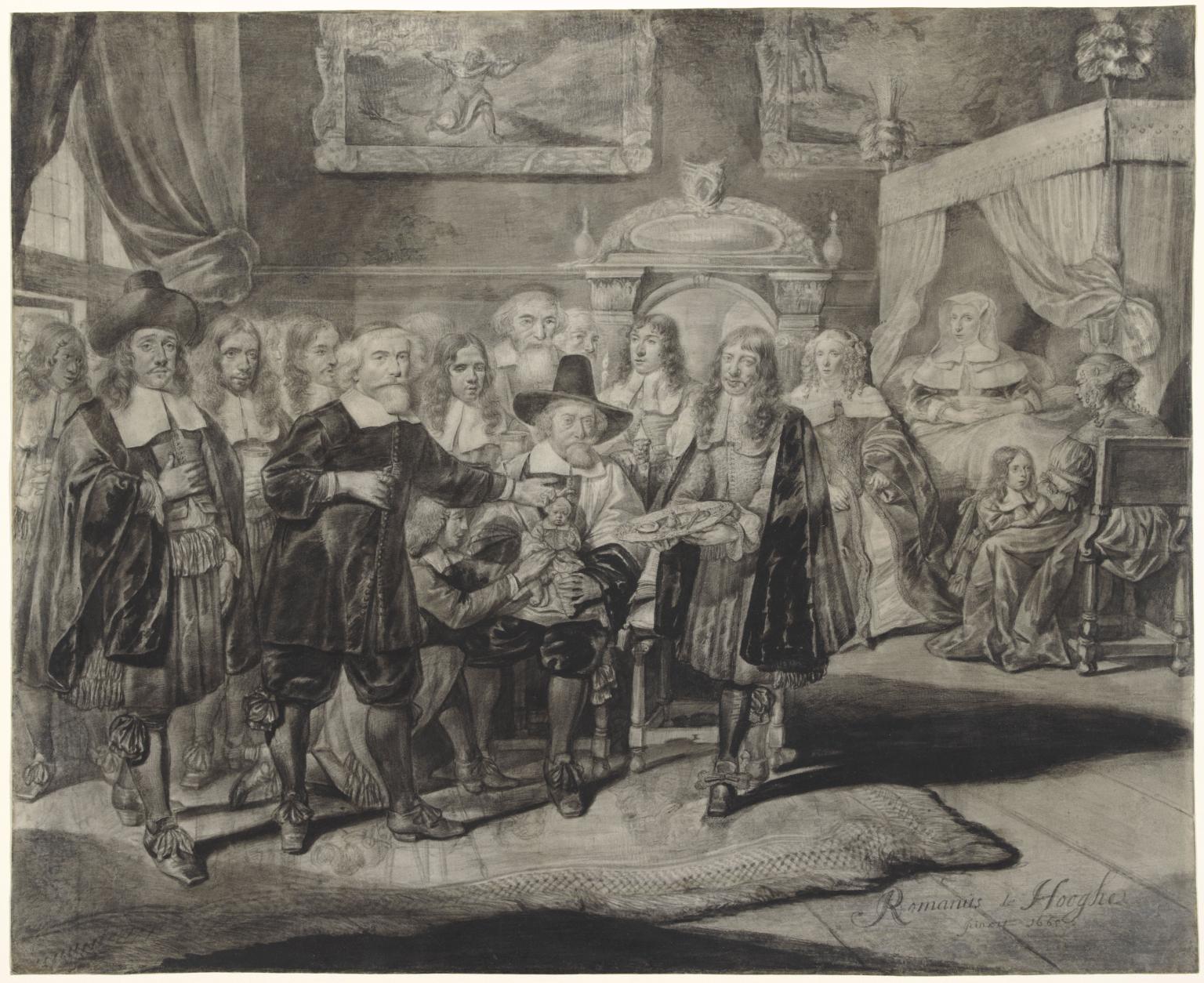 Print of people gathered in bedroom with baby in man's lap in the center, and woman in bed in background.