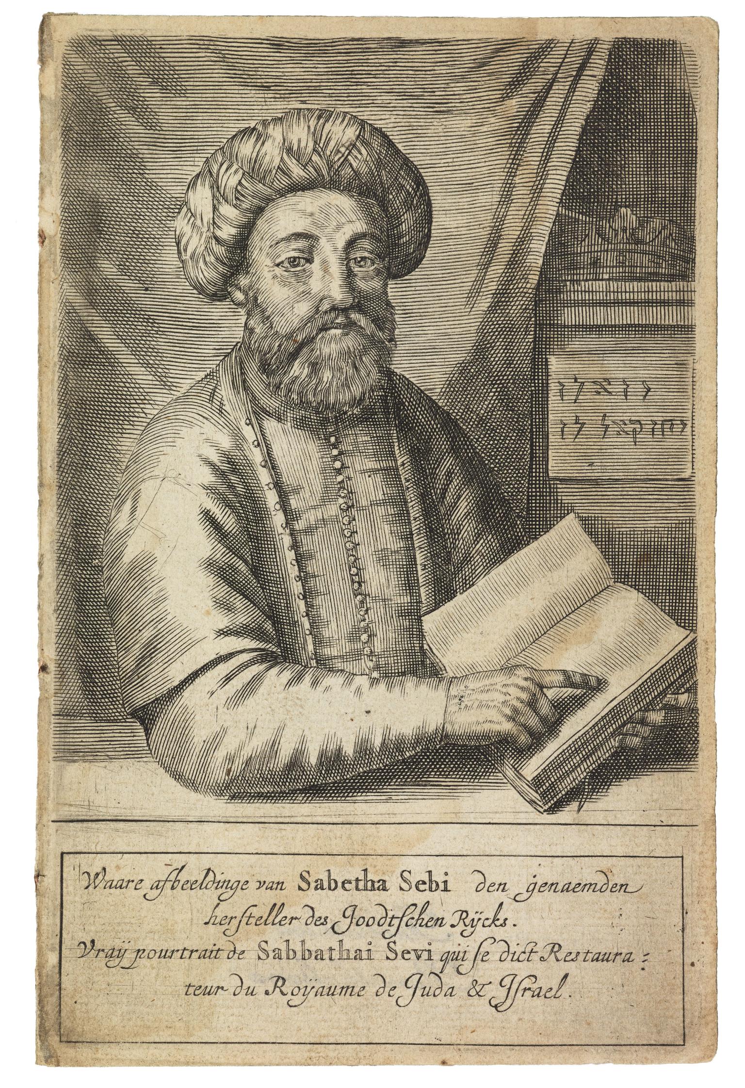 Print engraving of man in turban pointing to open book with Dutch and French text underneath.
