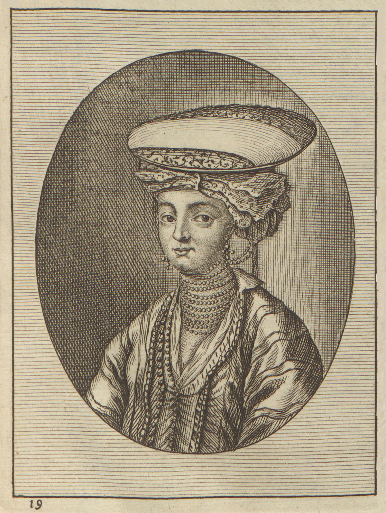 Print portrait of woman facing viewer wearing large hat and many-stranded pearls. 