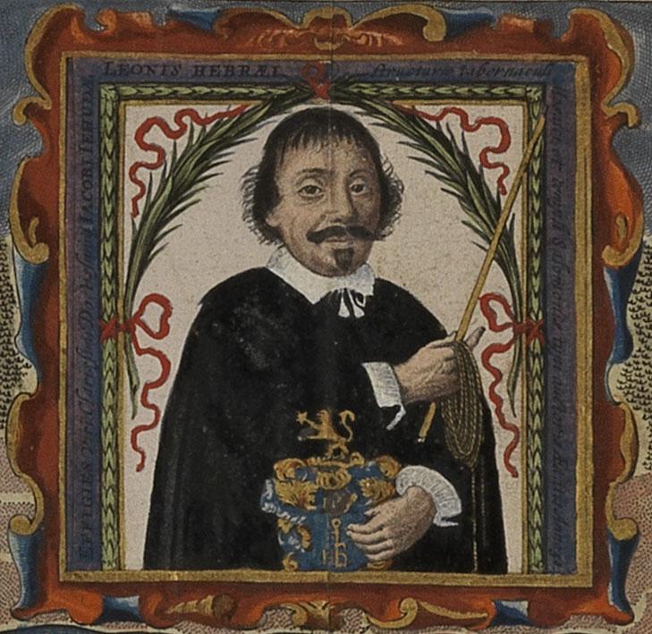 Portrait painting of man in moustache and collar, holding rod, rope, and ornate book, facing viewer, framed in decorative border. 