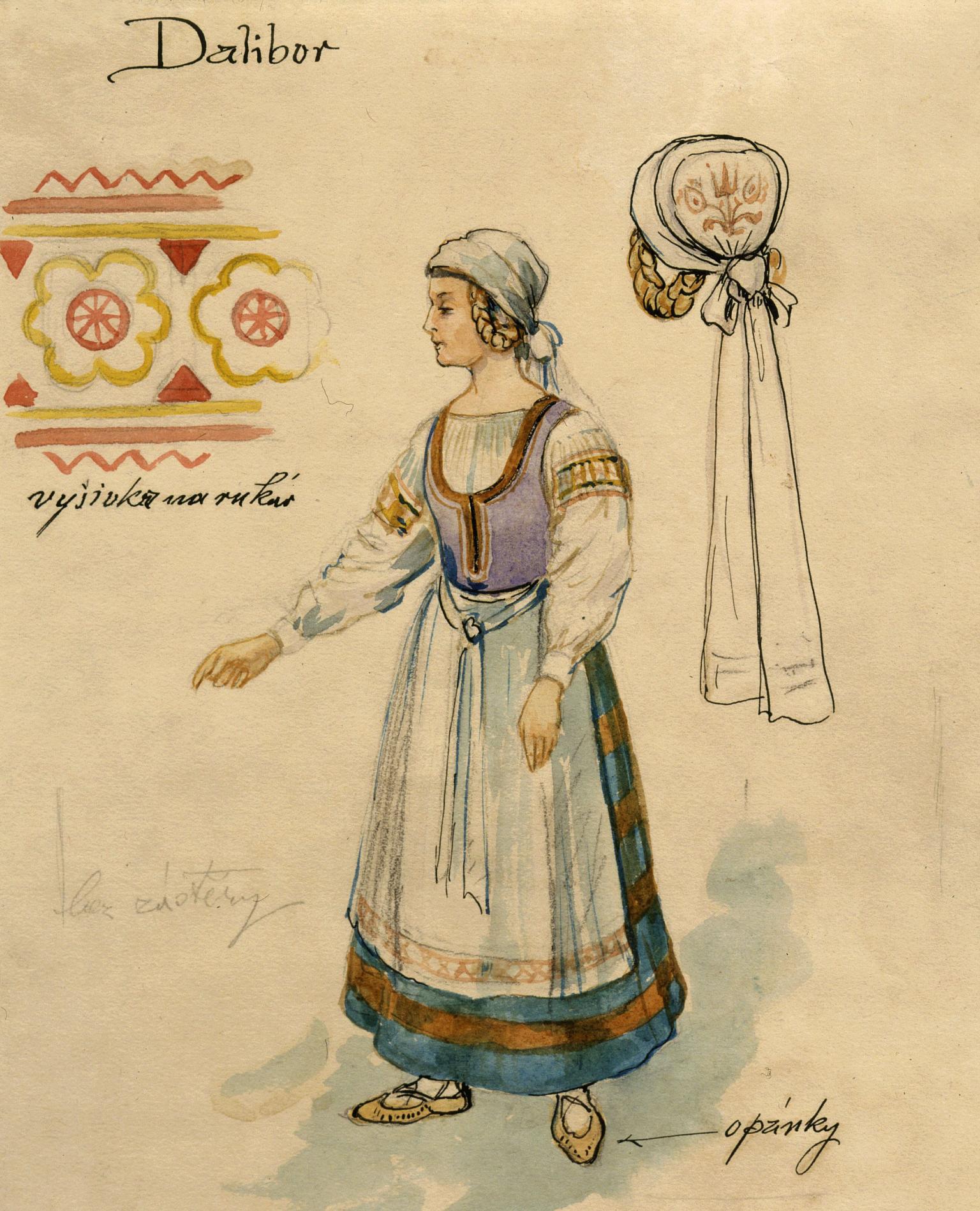 Drawing of floral image, young girl in costume, and bonnet.
